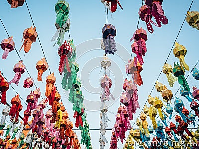 Colorful Lamp and lantern in Loi Krathong Wat Phra That Haripunchai Lamphun Thailand Stock Photo