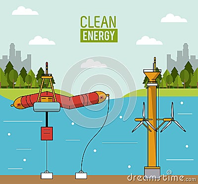 Colorful landscape background wave energy and tidal power Vector Illustration