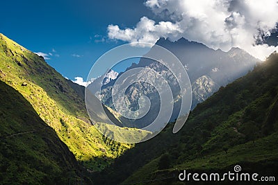 Colorful landscape with high Himalayan mountains, green forest Stock Photo