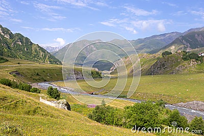 Colorful landscape with high mountains, beautiful meandering river Stock Photo