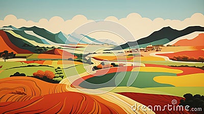 Colorful Landscape Painting Inspired By Paul Corfield And Frank Xavier Leyendecker Stock Photo