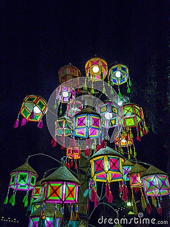 Colorful Lanna style lantern at night, Northern Thailand. Stock Photo