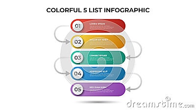 Colorful layout with 5 points of steps or list with arrows, infographic element template vector Vector Illustration