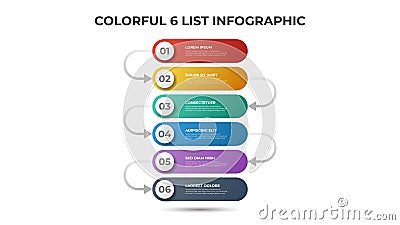 Colorful layout with 6 points of steps or list with arrows, infographic element template vector Stock Photo