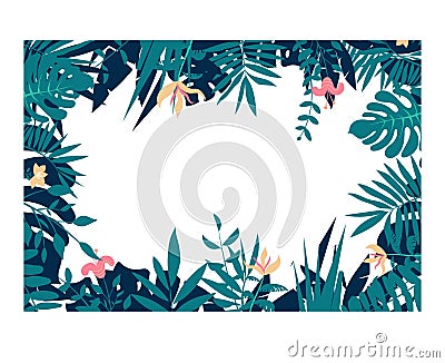 Colorful leaves and flowers of tropical plants background. Horizontal floral frame with space for text. Vector Illustration