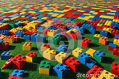 Colorful LEGO Blocks Construct a House: Balanced Structure Seamlessly Interconnected with Reds, Blues, and More Stock Photo