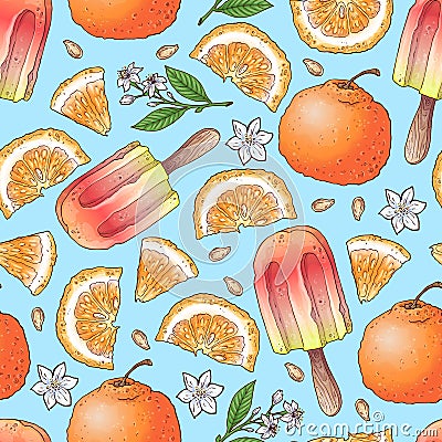 Colorful lemon and mandarin fruit and citrus ice cream seamless pattern background Vector Illustration