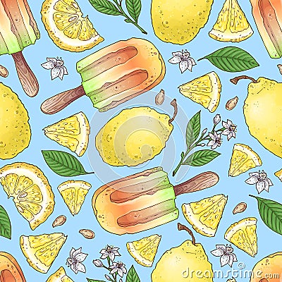 Colorful lemon and mandarin fruit and citrus ice cream seamless pattern background Vector Illustration