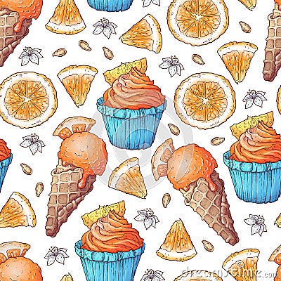 Colorful lemon and mandarin fruit and citrus ice cream seamless pattern background Vector Illustration