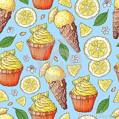 Colorful lemon and mandarin fruit and citrus ice cream seamless pattern background Vector Illustration