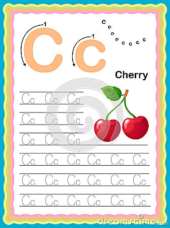 Colorful letter C Uppercase and Lowercase Tracing alphabets start with Vegetables and fruits daily writing practice worksheet, Vector Illustration