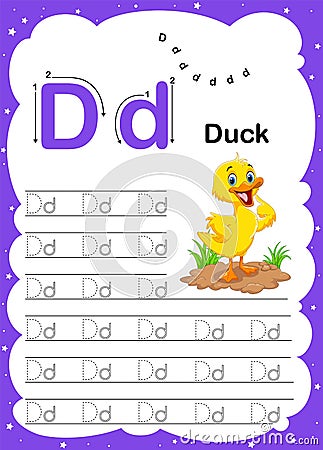 Colorful letter d Uppercase and Lowercase alphabet A-Z, Tracing and writing daily printable A4 practice worksheet with cute Vector Illustration