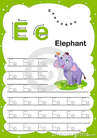 Colorful letter E Uppercase and Lowercase alphabet A-Z, Tracing and writing daily printable A4 practice worksheet with cute Vector Illustration