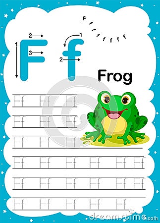 Colorful letter F Uppercase and Lowercase alphabet A-Z, Tracing and writing daily printable A4 practice worksheet with cute Vector Illustration