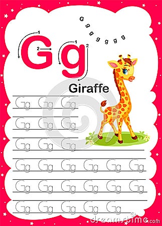 Colorful letter g Uppercase and Lowercase alphabet A-Z, Tracing and writing daily printable A4 practice worksheet with cute Vector Illustration