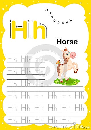 Colorful letter H Uppercase and Lowercase alphabet A-Z, Tracing and writing daily printable A4 practice worksheet with cute Vector Illustration