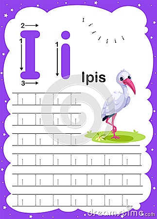 Colorful letter i Uppercase and Lowercase alphabet A-Z, Tracing and writing daily printable A4 practice worksheet with cute Vector Illustration