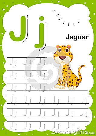 Colorful letter J Uppercase and Lowercase alphabet A-Z, Tracing and writing daily printable A4 practice worksheet with cute Vector Illustration