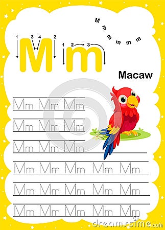 Colorful letter m Uppercase and Lowercase alphabet A-Z, Tracing and writing daily printable A4 practice worksheet with cute Vector Illustration