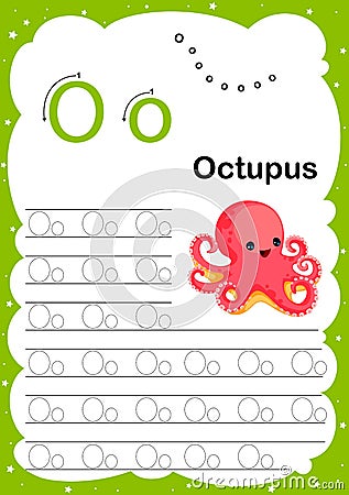 Colorful letter O Uppercase and Lowercase alphabet A-Z, Tracing and writing daily printable A4 practice worksheet with cute Vector Illustration