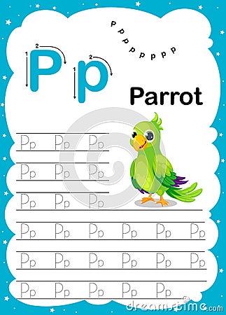 Colorful letter P Uppercase and Lowercase alphabet A-Z, Tracing and writing daily printable A4 practice worksheet with cute Vector Illustration