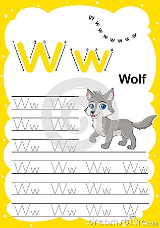 Colorful letter W Uppercase and Lowercase alphabet A-Z, Tracing and writing daily printable A4 practice worksheet with cute Vector Illustration