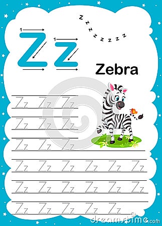 Colorful letter Z Uppercase and Lowercase alphabet A-Z, Tracing and writing daily printable A4 practice worksheet with cute Vector Illustration