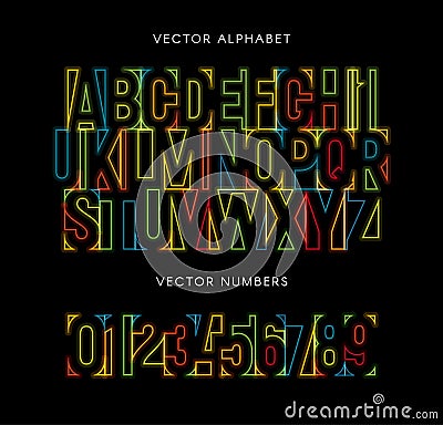 Colorful letters and numbers set. Colored vector latin alphabet. Rainbow color font. Geometrical neon glowing lines ABC Vector Illustration