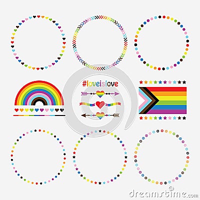 Colorful LGBTQ+ circle pattern emblems design element set with heart arrows, rainbow, and new flag icons on white Vector Illustration