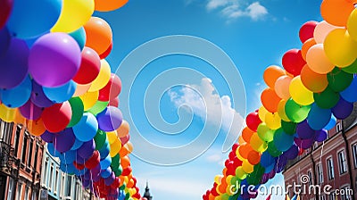 Colorful LGBTQ pride parade balloons floating in the air Stock Photo