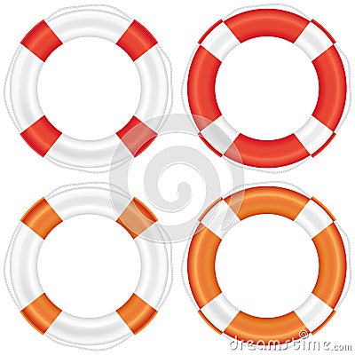 Colorful lifebuoy set with stripes and rope. Vector Illustration