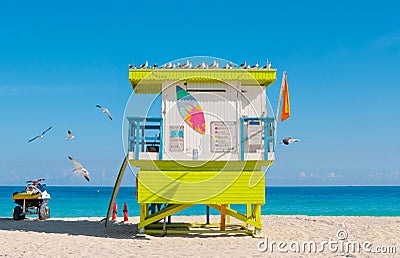 Colorful Lifeguard Tower, South Beach in Miami Beach, Florida Stock Photo