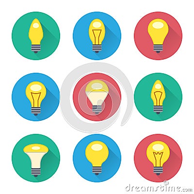 Colorful light bulbs flat icons set Vector Illustration