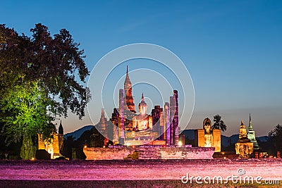 Colorful light up buddha statue at wat mahathat temple in sukhothai Stock Photo