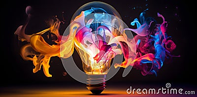 colorful lightbulb with paint flowing across its surface, in the style of vivid energy explosions, vibrant collage, flamboyant Stock Photo