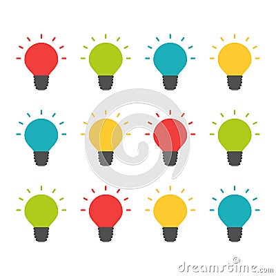 Colorful lightbulbs isolated set, creative team thinking concept Vector Illustration