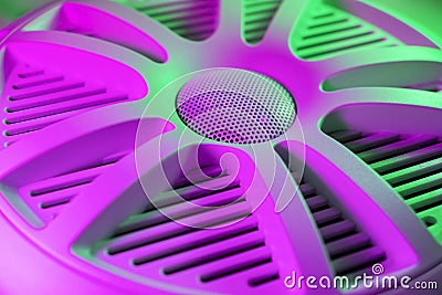 Colorful lights of car stereo and car speakers background. Car music audio speaker in blue and pink tones. Modern car audio syste Stock Photo