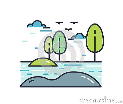 Colorful line art natural landscape. Picturesque linear scenery with bank of the river or lake, trees and birds flying Vector Illustration