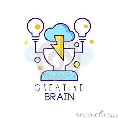 Colorful linear logo design with human head, cloud and light bulbs. Brainstorming process. Creative idea and thinking Vector Illustration