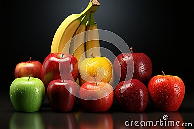 A colorful lineup of apple, banana, orange, strawberry, and watermelon Stock Photo