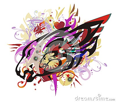 Colorful lion head splashes with red hearts Vector Illustration