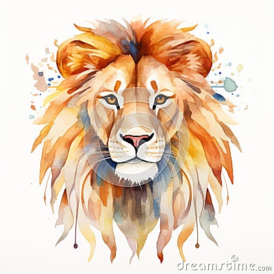 Colorful Lion Head Watercolor Illustration With Realistic And Fantastical Elements Cartoon Illustration