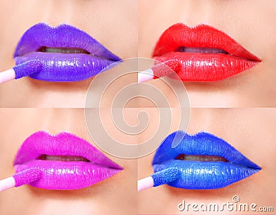 Colorful lips collection. Lipstick with Lip Gloss on Lips Stock Photo