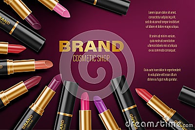 Colorful lipstick ads. Fashion poster design with lipsticks in a circle. Package Product Design. Cosmetics Advertising Vector Illustration