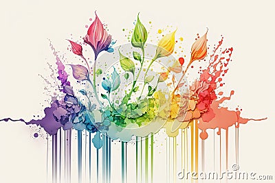 Colorful liquid rainbow paint splash with flowers on white background. AI Stock Photo