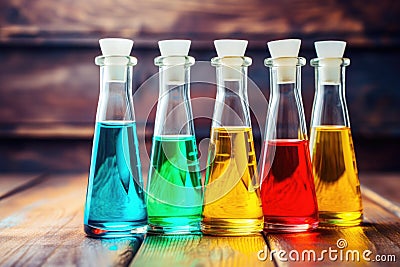 colorful liquids in mouthwash bottles Stock Photo