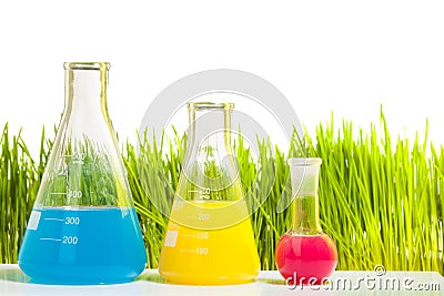 Colorful liquids in three different test tubes Stock Photo