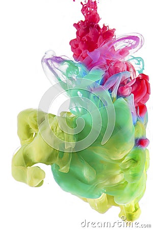 Colorful liquids underwater. Yellow, green and red color composition Stock Photo