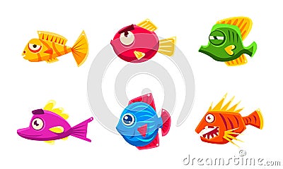 Colorful Little Glossy Fishes Set, Funny Big Eyed Fishes Cartoon Characters Vector Illustration Vector Illustration