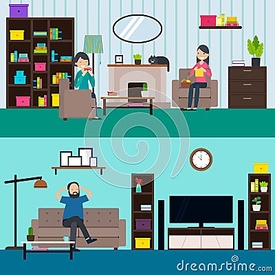 Colorful Living Room Horizontal Banners Vector Illustration